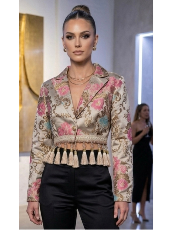 FASHIONNOVA Jackets & Blazers - Fashion Nova Tassel Brocade Cropped Blazer - Boho Glam Party Chic - Large